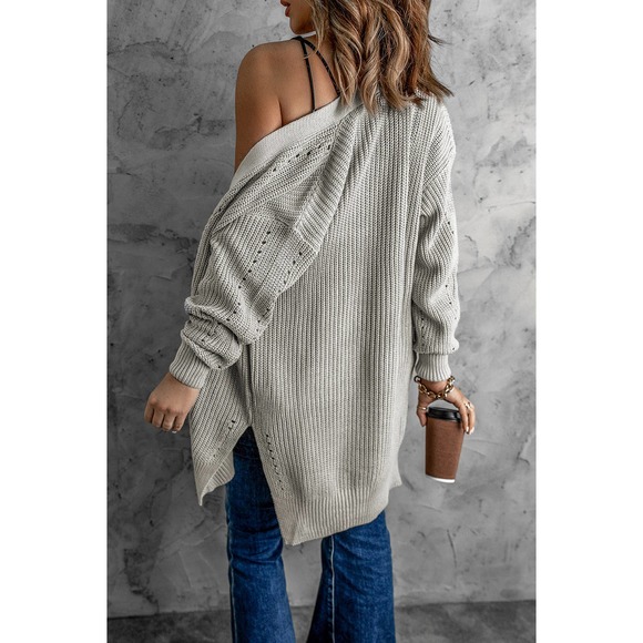 Openwork Rib-Knit Slit Cardigan - Picture 3 of 10